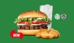 Burger King’s plant-based menu, including a Rebel Whopper burger, nuggets and a drink in a tall glass.